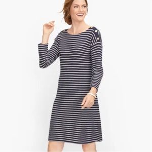 Talbots Sweater Dress Button Shoulder Sheath Striped Career Blue/White Sz Large